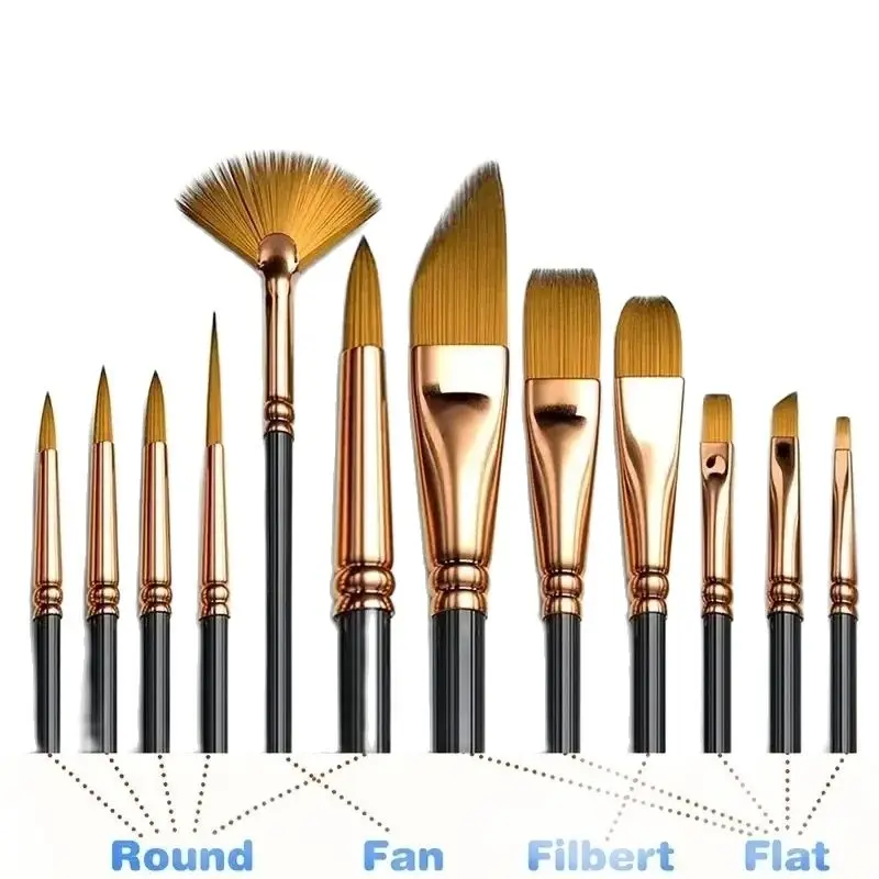 Juego de pinceles de cerdas de 12 Uds., pinceles planos de nailon, pinceles de acuarela, pincel para óleo para artistas, pintura acrílica aficionados, suministros de arte