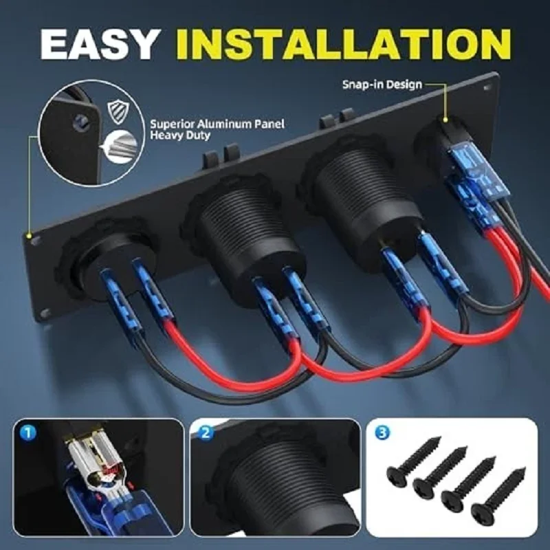 Painel de Tomada 4 em 1 ON/OFF com Carregador, Porta USB Dupla, Voltímetro LED e Tomada de Acendedor de Cigarros com Interruptor LED