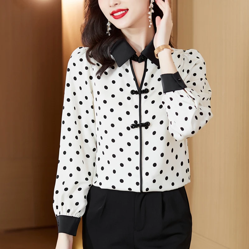 

2025 Spring New Women's Shirt Dotted Long Sleeve Blouse Fashion Doll Collar Loose Female Clothing Slimming Versatile Womens Tops