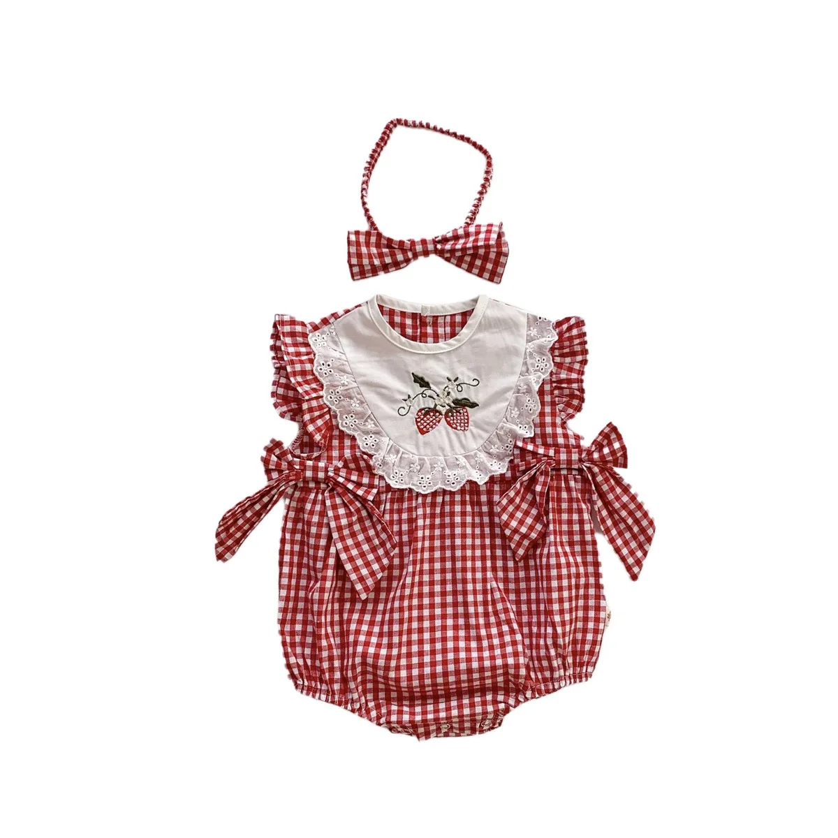 Infant Kids Girls Summer Fly Sleeve Bow Plaid Embroidery Flower Outfits Newborn Baby Clothing Jumpsuits Bodysuits Gift Headbands