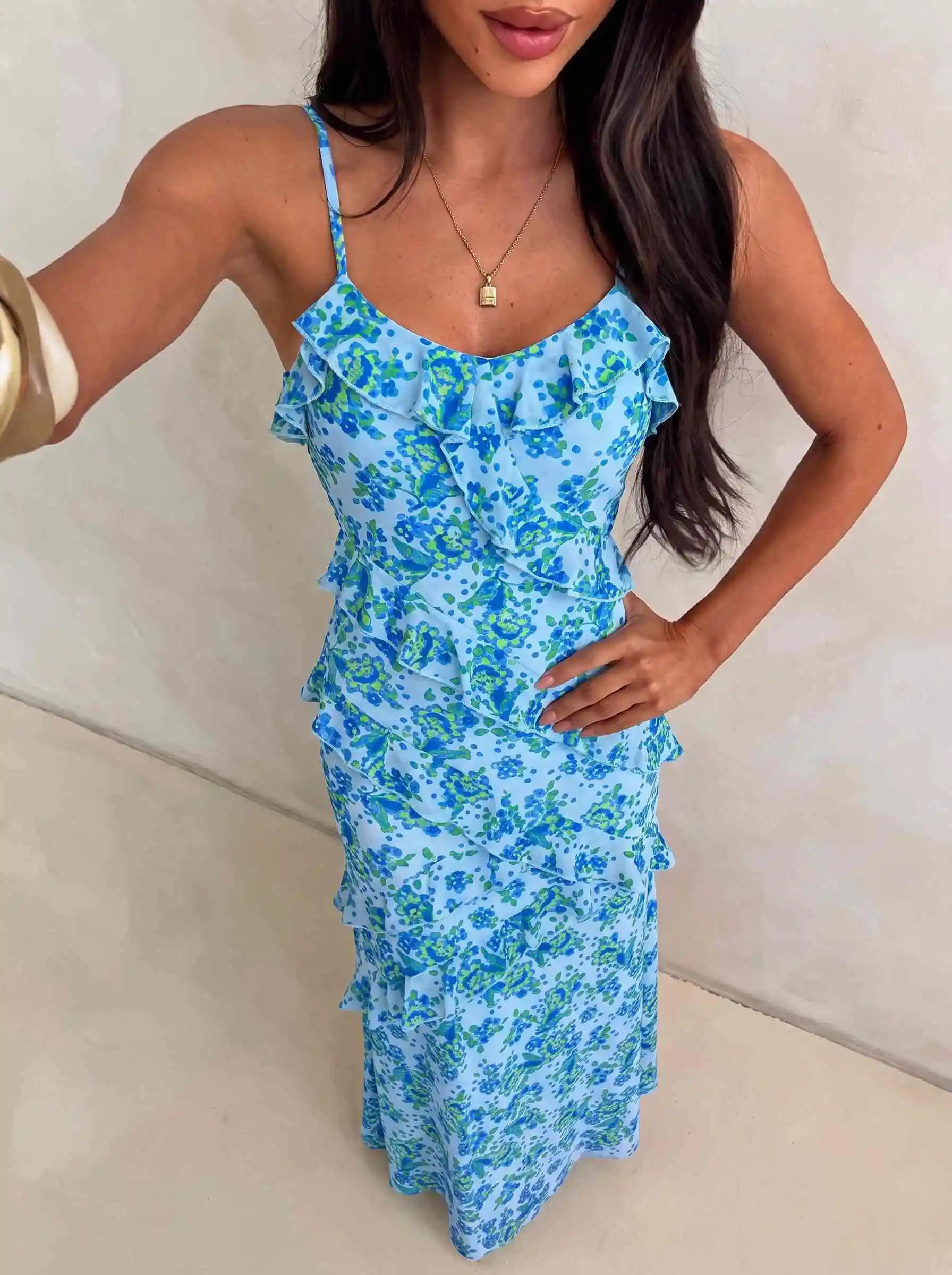Damen Aquarell-Rosen-Print Cami-Kleid mit Rüschen, Chiffon-Midikleid, Spaghettiträger, fließendes Kleid für Urlaub, Strandparty, Ferien – Detail 14
