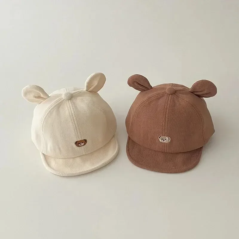 Spring Summer Kids Cotton Sun Hats Cartoon Bear Baby Baseball Hat with Ears Cute Solid Color Infant Peaked Cap Kawaii