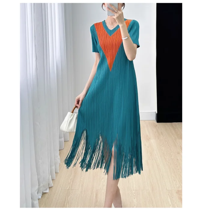 

HOT SELLING Miyake fashion High quality pleated patchwoek v-neck short sleeve one-piece dress tassel dress IN STOCK