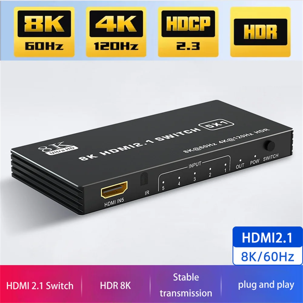 8K HDMI 2.1 Переключатель 5 в 1 выход Разветвитель 120 Гц 5-портовый HDMI 4K 120 Гц Разветвитель CEC 48 Гбит/с Переключатель HDMI 2.1 с дистанционным управлением HDR