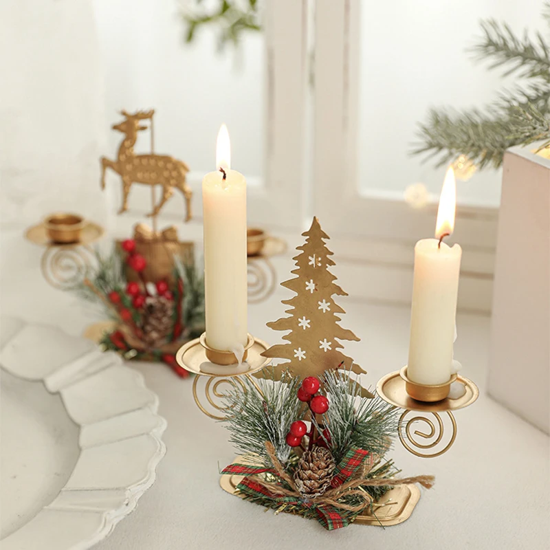 2024 Christmas Candlestick Santa Claus Elk Tree Golden Iron Candlestick Decoration New Year Window Table Decorations Candle Tray