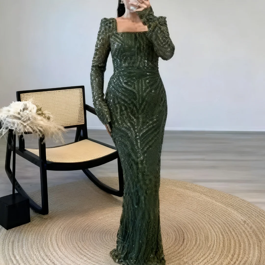 

Платье с квадратным вырезом и длинными рукавами по индивидуальному заказу, расшитое пайетками, вечерние платья, вечерние платья для выпускного вечера для женщин