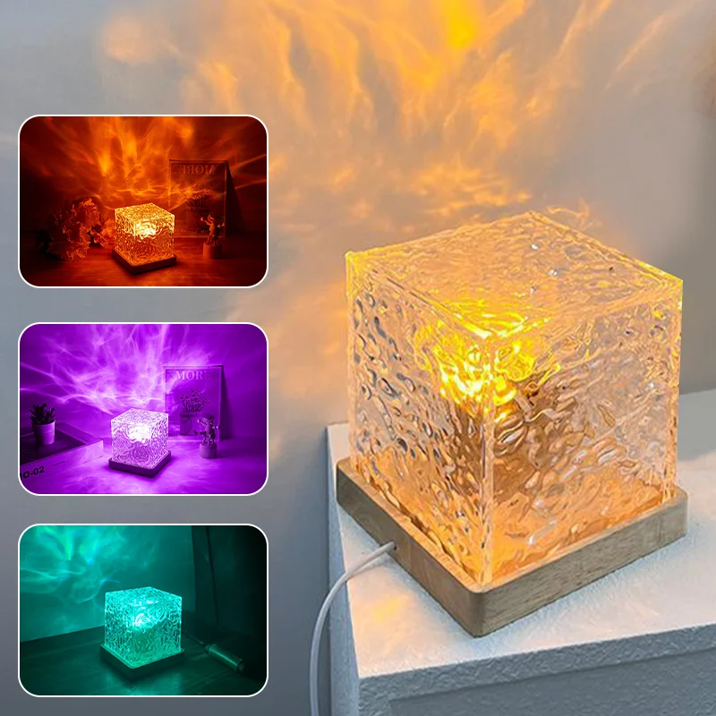 Rotating Dynamic Water Ripple Night Light Creative Bedhead Flame Atmosphere Light Romantic square Starry Sky Projection Light