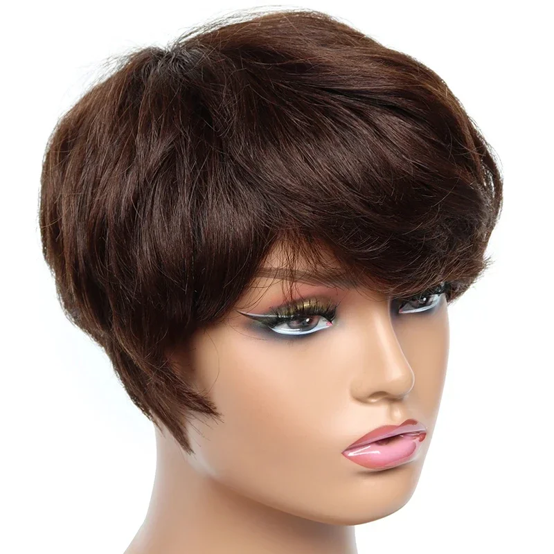 Short Pixie Cut Straight Hair Wig Brazilian Remy Hair Human Hair Wigs With Bangs 99J Burgundy P4/30 #4 Wig Cheap Glueless Wig