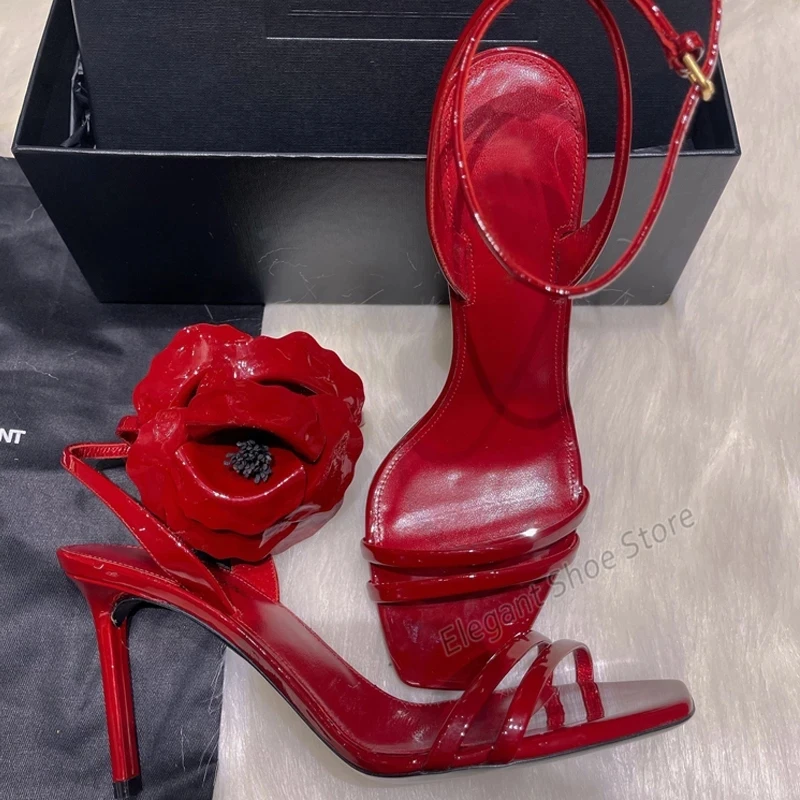 Red Rose High Heels Women\'s Sandals Square Toe Ankle Strap 9CM Stiletto Sexy Patent Leather Slingback Summer Party Banquet Shoes