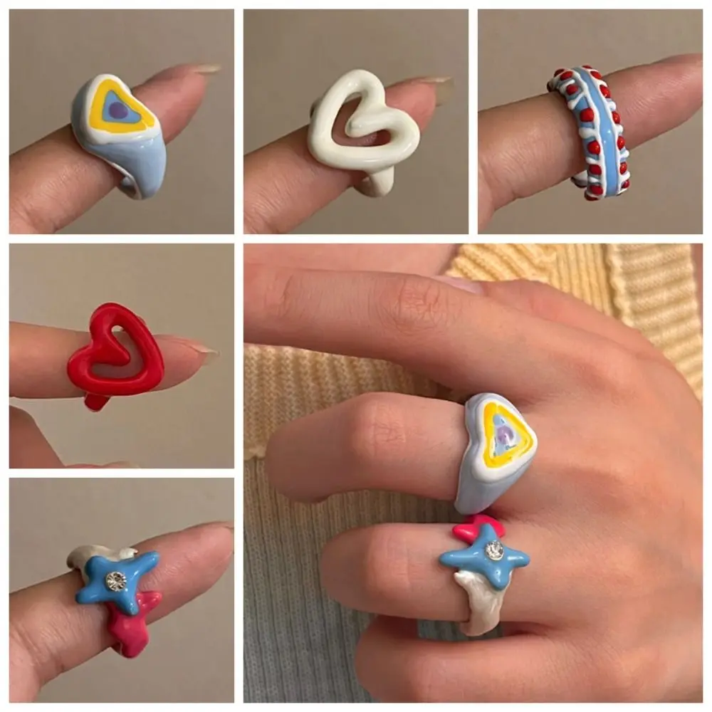 

Cute Y2K Enamel Heart Ring Chunky Jewelry Alloy Dripping Oil Finger Buckle Korean Style Minority Design Geometric Ring Women