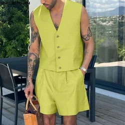 INCERUN set da uomo estivo moda bottoni solidi scollo a V top camicette pantaloncini 2 pezzi Streetwear abiti da festa abbigliamento uomo oversize