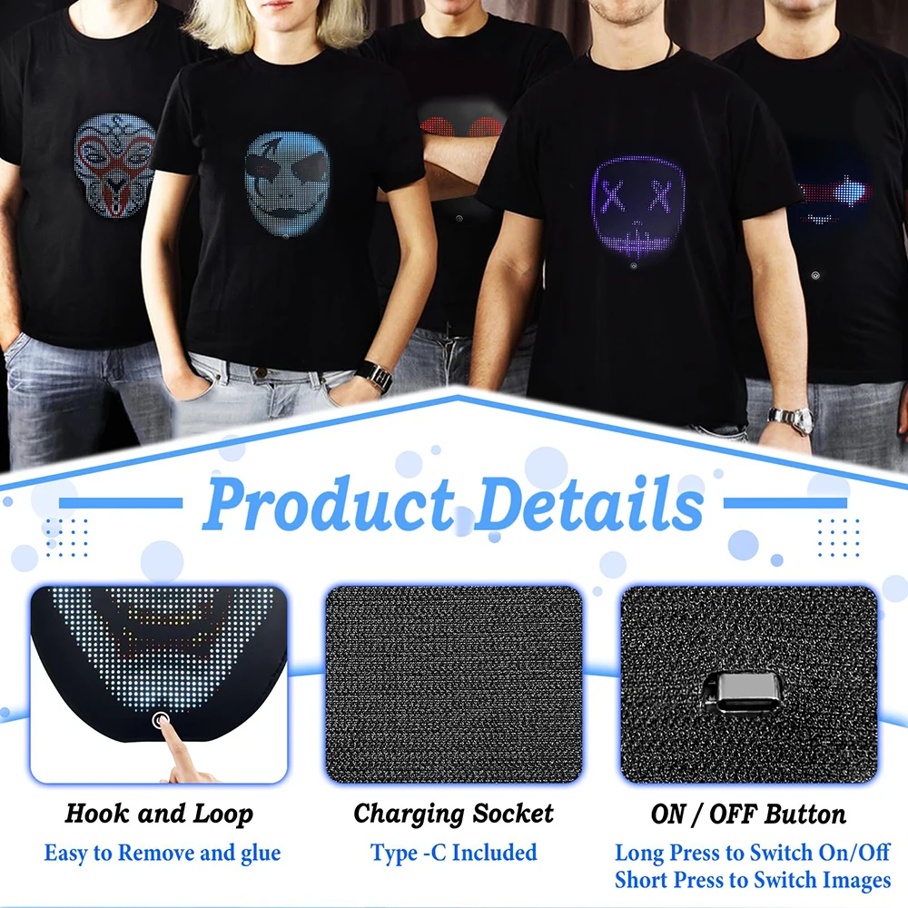 تي شيرت مع شاشة LED للتحكم في التطبيقات، تي شيرت مضيئة قابل للبرمجة للرجال والنساء #5