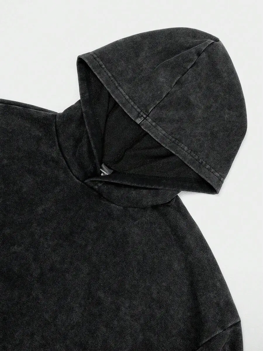 

Mens Washed Black Hooded Long Sleeve Pullover Sweatshirt Casual Tracksuit
