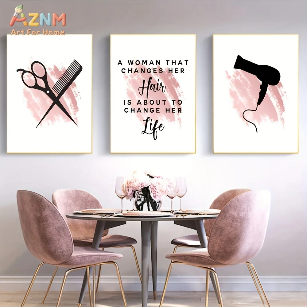 3pcs Unframed Vintage Pink Hair Quote Canvas Art Set Wall Decor for Living Room, Bedroom, Home Office -Fashion Posters
