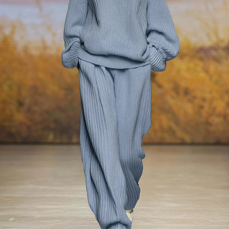 

Повседневный однотонный пригородный костюм с карманами, простая домашняя одежда, вязаный наряд, зимняя женская водолазка, свитер + брюки, комплект из 2 предметов
