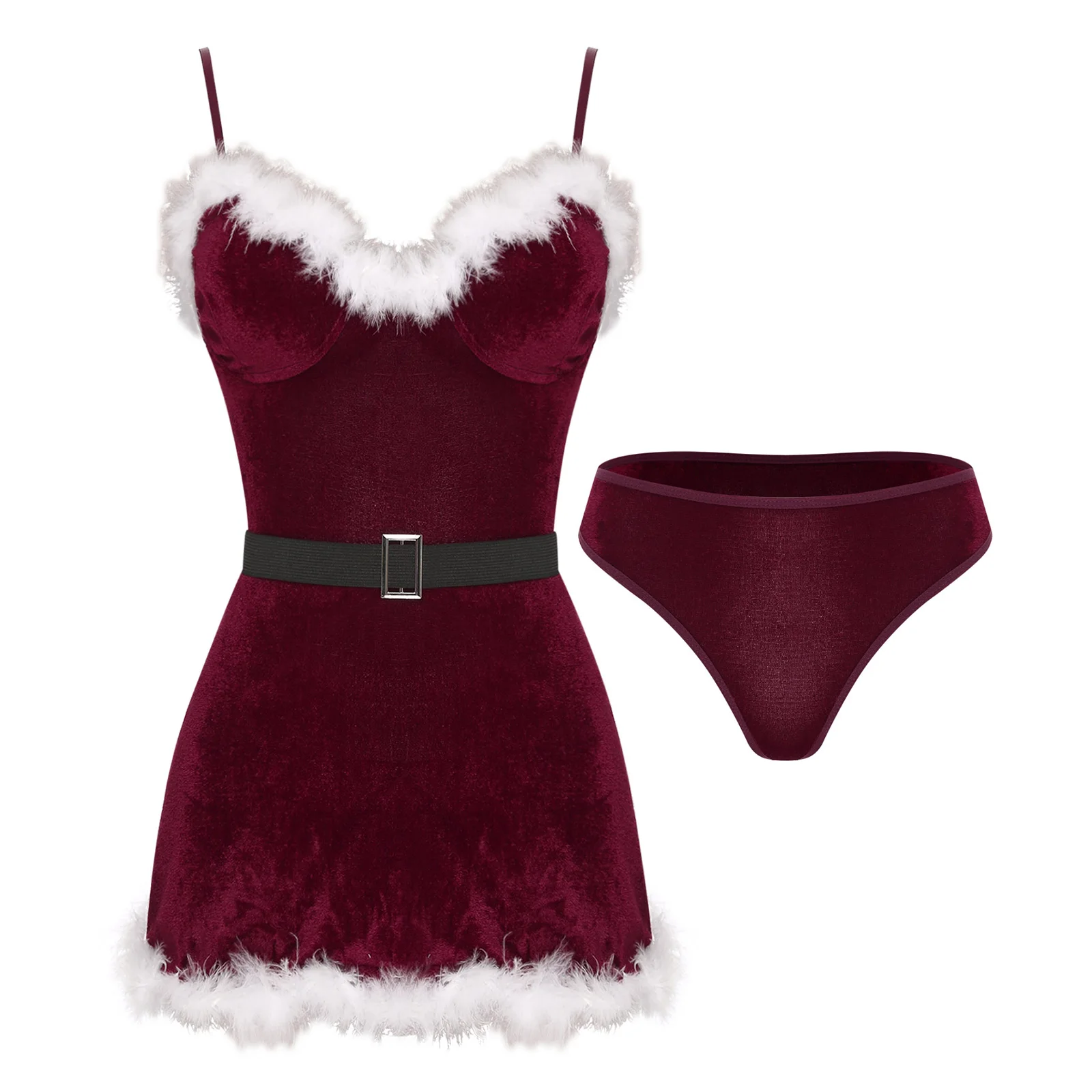 Womens Christmas Santa Claus Velvet Costumes Plush Feather Trim V Neck Slip Dress with Briefs Belt Nightwear Clubwear