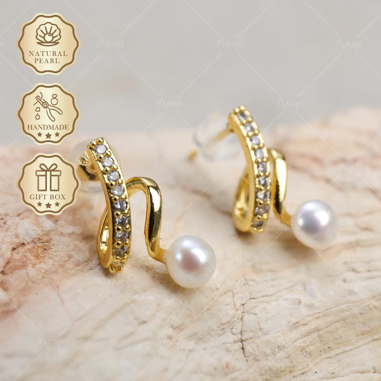 

Mysoya White Freshwater Pearl Ribbon Earrings 4-5mm Golden Gift Box Valentine's Day Birthday Gift For Her