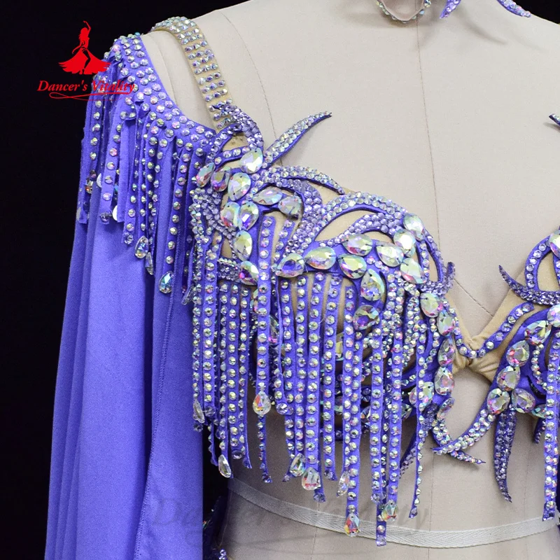 BellyDance Set Custom Luxury Rhinestone Tassel Bra+Senior AB Stones Chiffon Long Skirt 2pcs Oriental Dance Performance Costumes