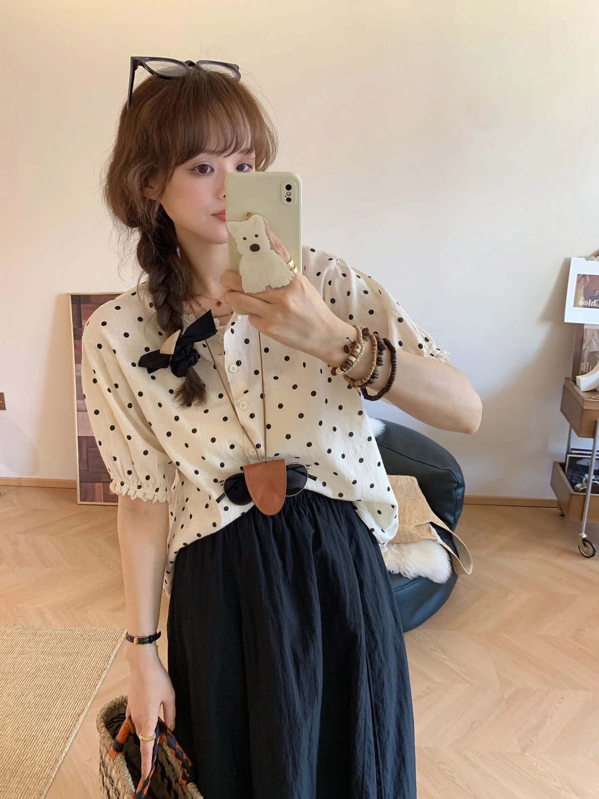 

Retro Polka Dot Bubble Sve irt Women's Summer 2025 Faionable Top Design Sensation Korean Sle Cotton Breathable