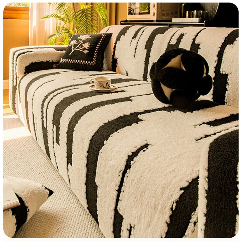 Modern Zebra Fluffy Sofa Cover Plush High Stretch Full Wrap Couch Slipcover Stylish Pet Proof Washable Furniture Protector