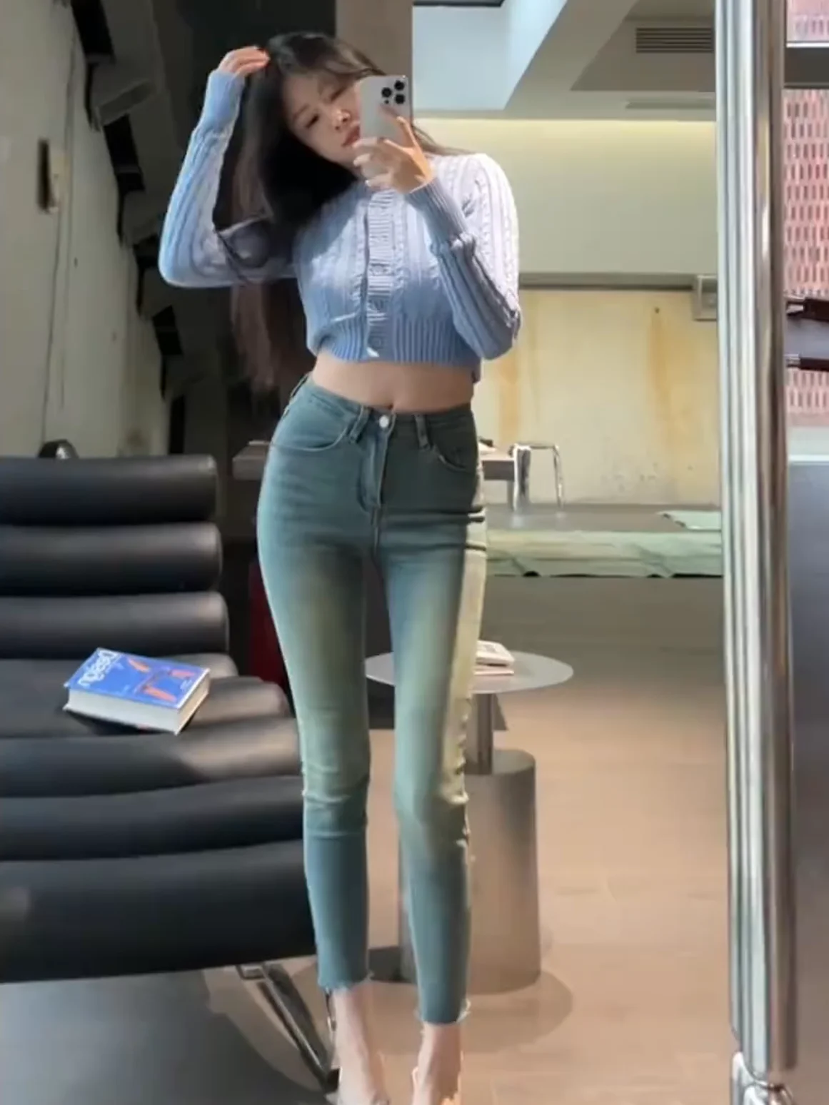 

Джинсы-карандаш с высокой талией, облегающие, синие, из эластичного хлопкового денима, весна-осень, укороченные, в стиле ретро, женские брюки