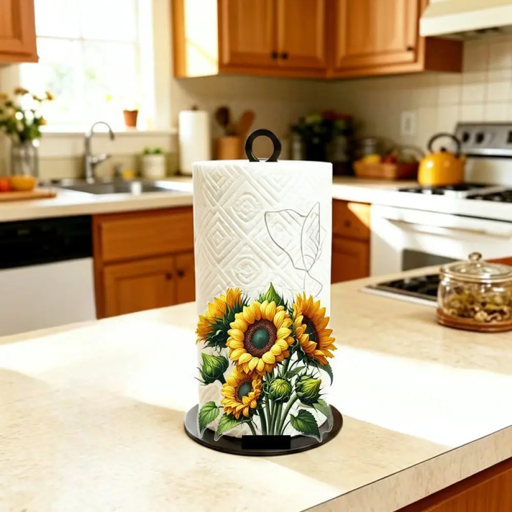 Minimalist Wood Base Tissue Dispenser Sunflower Printed Vertical Rack Home Countertop Storage Organizer Tool