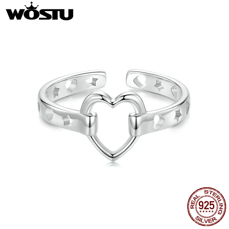 WOSTU 925 Sterling Silver Hollow Out Heart To Heart Opening Ring For WOmen Simple Style Stacking Rings Girl Party Jewelry gift