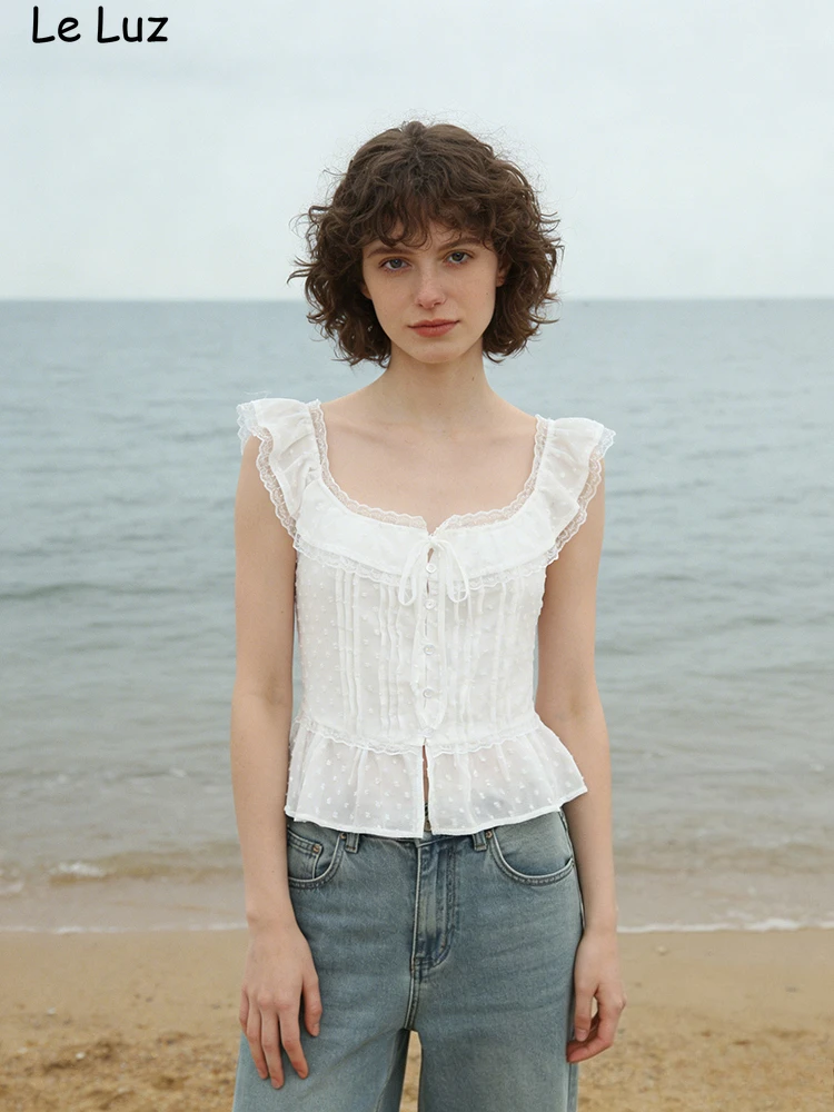 플로럴 시크 크롭 레이스 블라우스 셔츠 여성용 화이트 여름 봄 민소매 타이업 브이넥 섹시 캐주얼 휴가용 여성 셔츠 탑