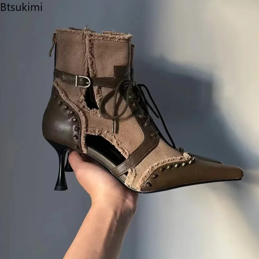New Doomsday Wasteland Style Cowboy Boots Women Pointed Toe Splicing Hollow Retro Lace-up High HeelSandals Fashion Ankle Boots