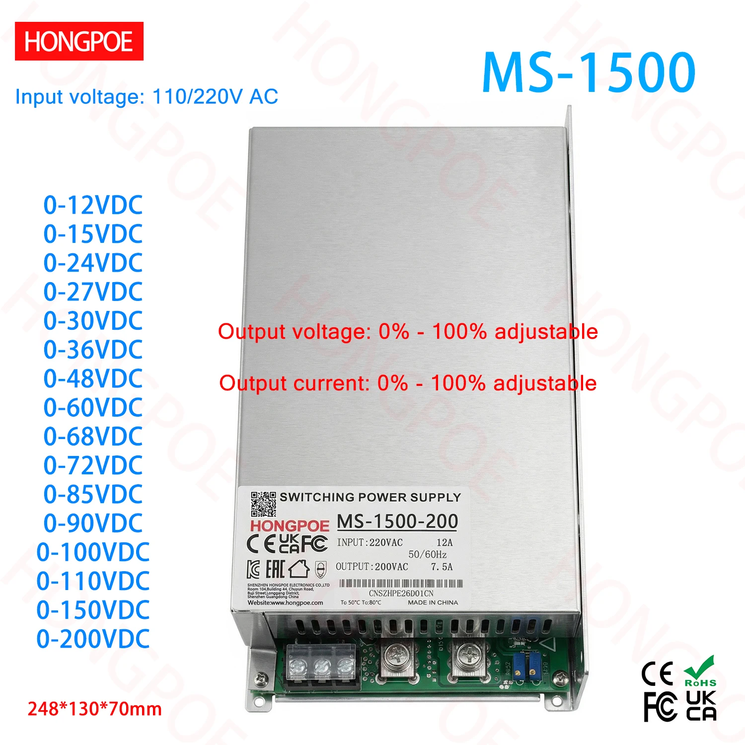 CE Adjustable 12-200VDC 1500W Switching Power Supply 0-100% Voltage/Current Adjustable 110/220V AC to DC for LED CCTV New Energy