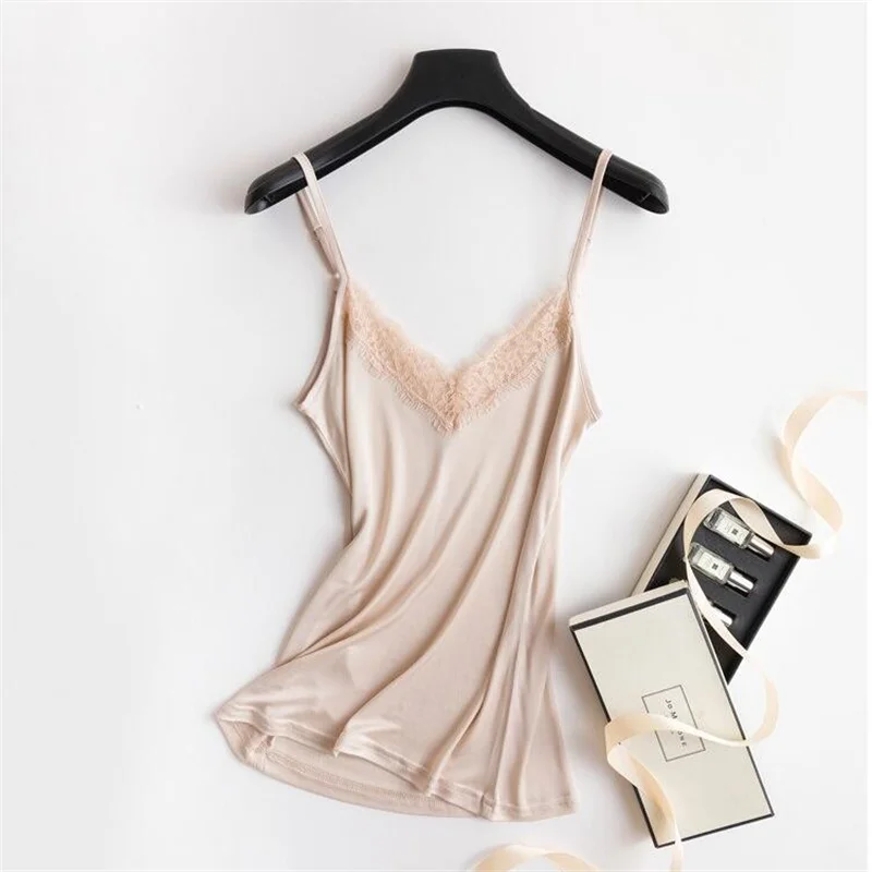 NEW 100% Natural Mulberry Silk Strap Top Women Adjustable Shoulder Solid Cami Vest Sleeveless Lace Tank Tops Ladies Camisole