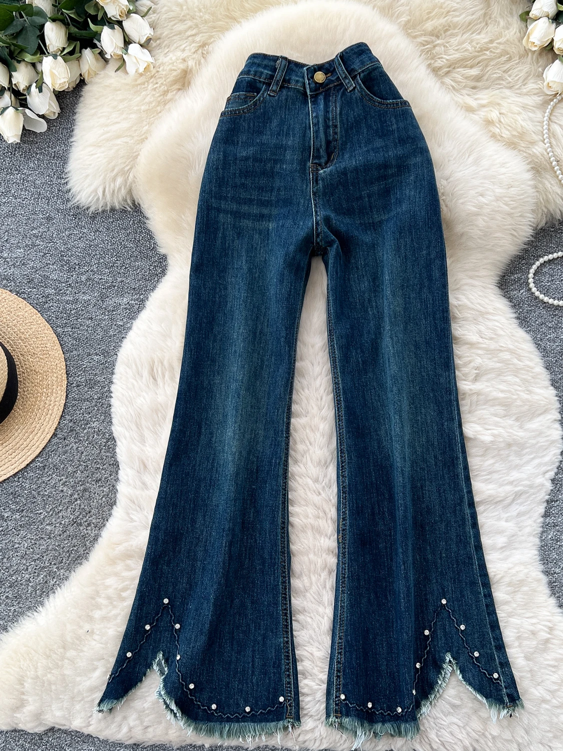 High Waist Bell Bottom Jeans Women's Loose Slimming Design Heavy Embroidery Bead Split Fringe Bell Bottoms Commute Style Pure...
