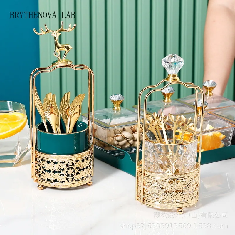 Nordic Light Luxury Stainless Steel Fruit Fork Set Home Cake Dark Fork Green Deer Storage Jar Fruit Skewer Home Decoration New