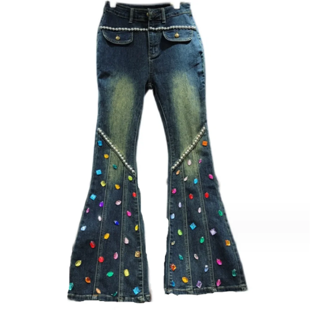 

Long denim pants women bead diamond-encrusted jeans retro elastic slim trousers