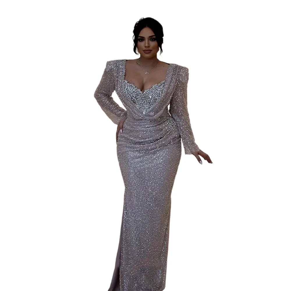 Afrikanische Meerjungfrau Abendkleider Elegante Lange Ärmel Formelle Anlässe Kleid Robes De Soiree Perlen Pailletten Abendkleid