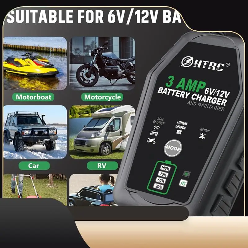 

HTRC 6V 12V 3A Fully Automatic Smart Pulse Battery Repair Charger For Car Motorcycle Lithium Lifepo4 Lead-Acid Battery-T44C