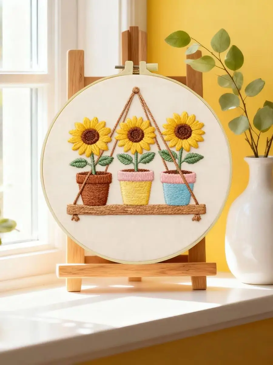 1 Stück 20X20CM/15X15CM 7,87/6,3 Zoll Sonnenblumentopf Stickerei Starter-Kit DIY-Kit DIY-Stickerei-Set für Anfänger – Detail 6