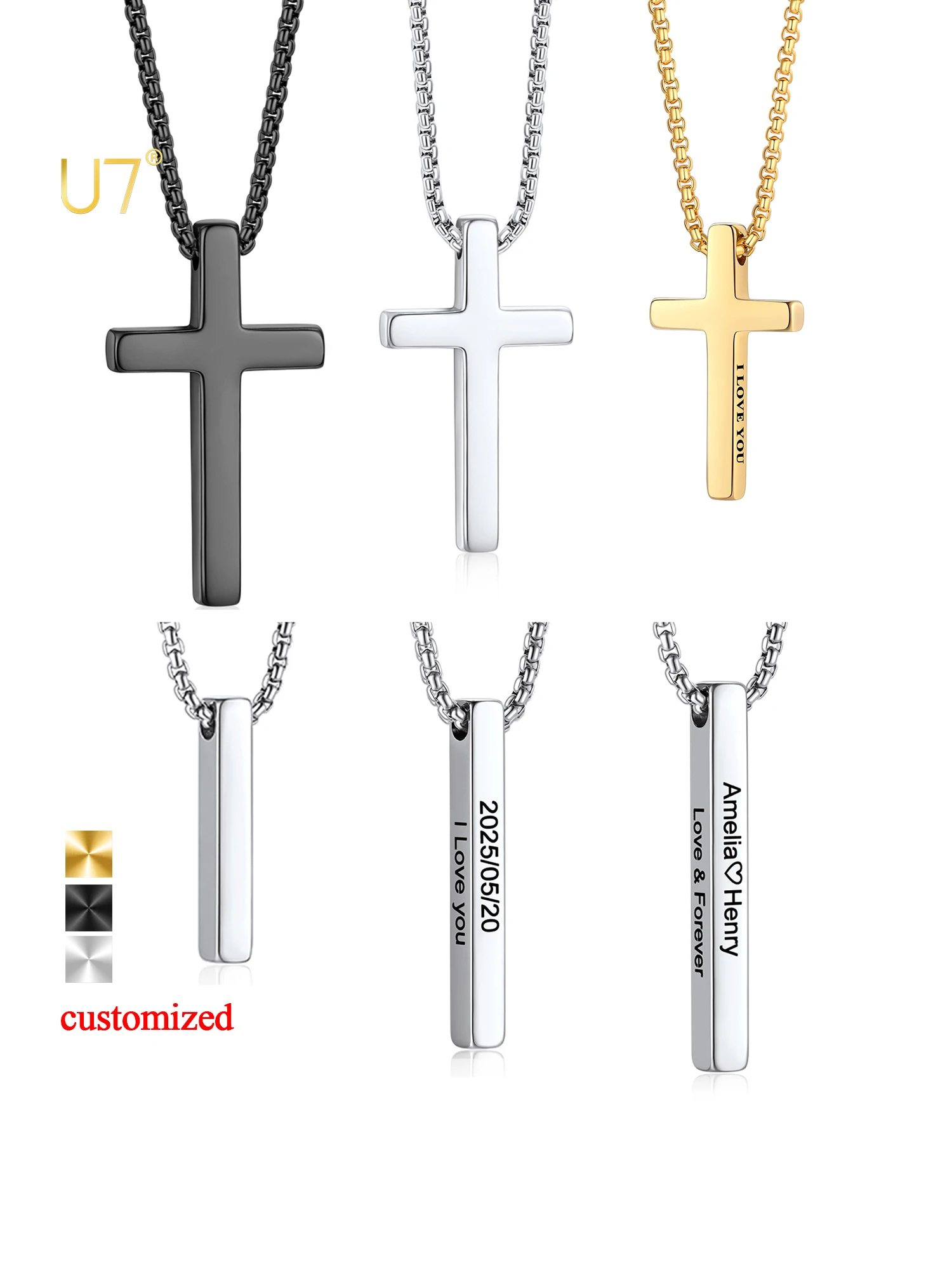 U7 S/M/L Bar/Cross Necklaces 316L Stainless Steel Custom Sides Bar Cross Pendant with 16-24