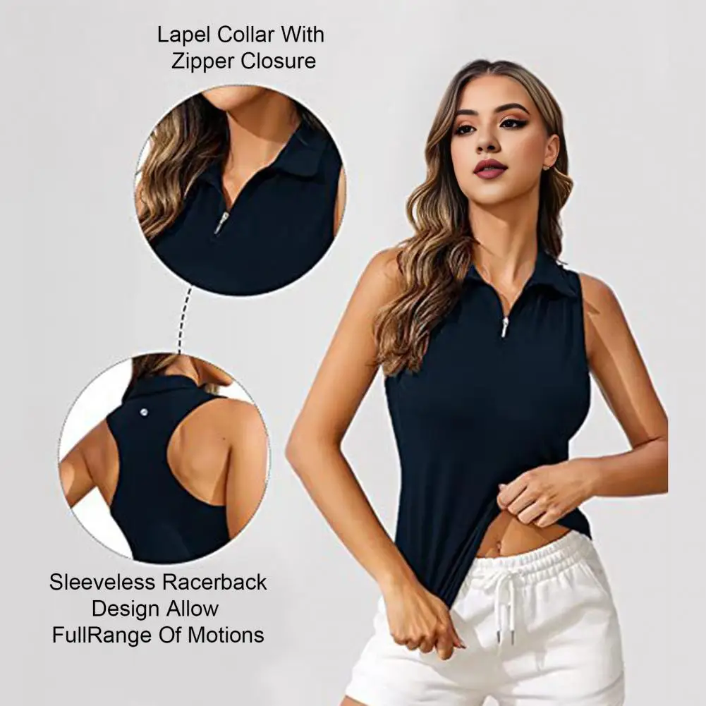 Women Golf Vest Lapel Sleeveless Zipper Neckline Tank Top Solid Color Slim Fit Racerback Sport Tops Quick Dry Athletic T-Shirt