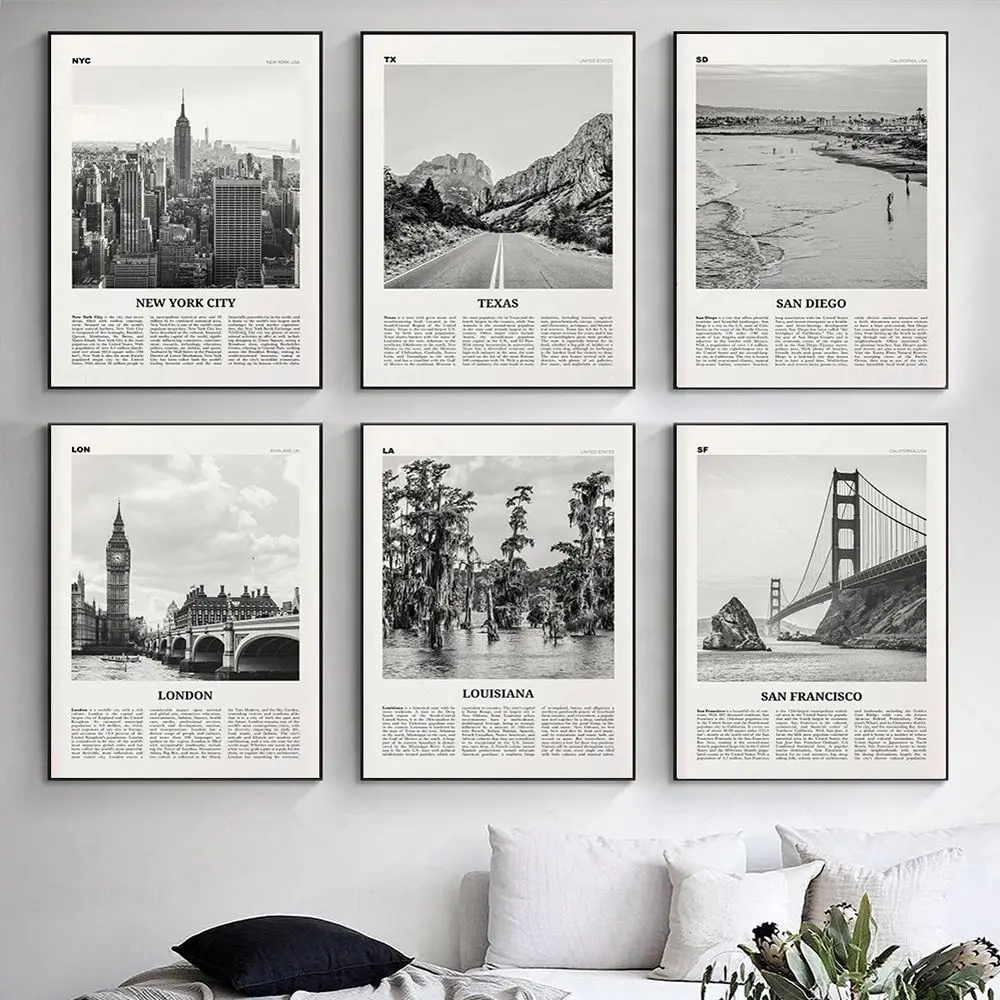 Modern New York London Texas San Diego City Wall Art Landscape Posters and Prints Black White Pictures Living Room Home Decor