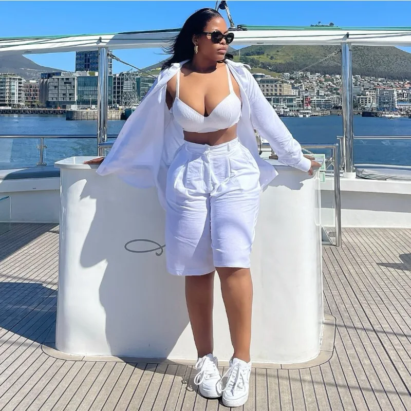 African Women 2 Piece Outfit Oversized White Linen Shirt and Bermuda Shorts Set Casual Button Down Blouse for Beach Vacation