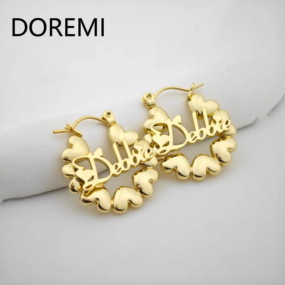 

DOREMI Bubble Hoop Heart Shape Letters Custom Heart Bamboo Earrings Nameplate Jewelry