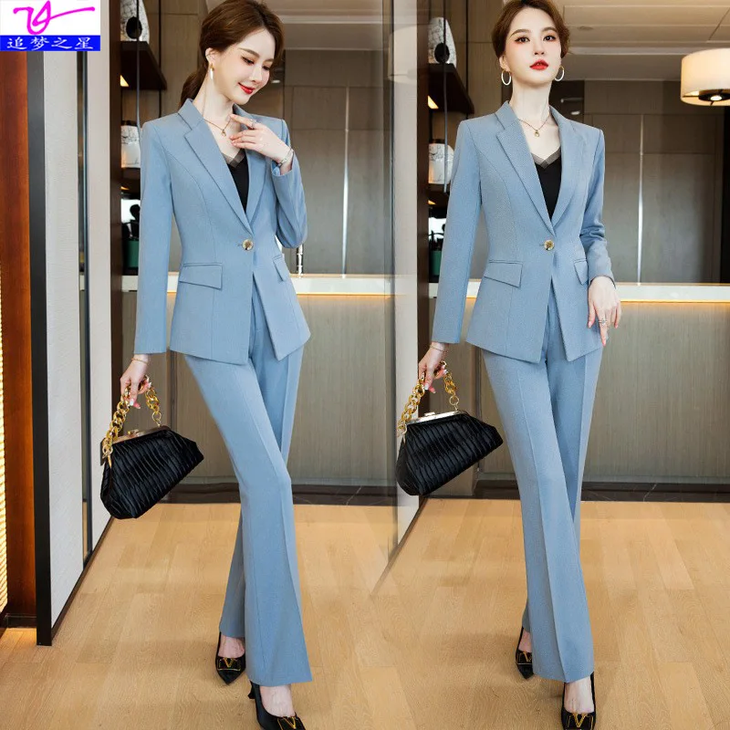 Suit Women's Long-Sleeved Autumn and Winter Organza Bootleg Pants Lecturer Team Hotel Trousers Business Wear Overalls