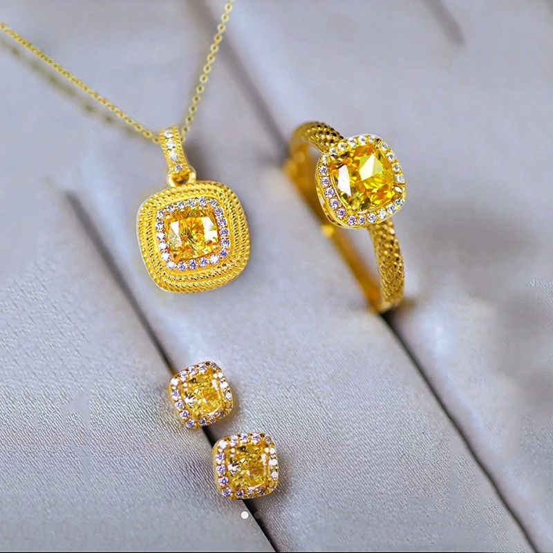 

K14 Yellow Zircon Gold Color Necklace Ring for Women Wedding Engagement Luxury Chain Ring Earring Bracelet Fine Jewelry Sets