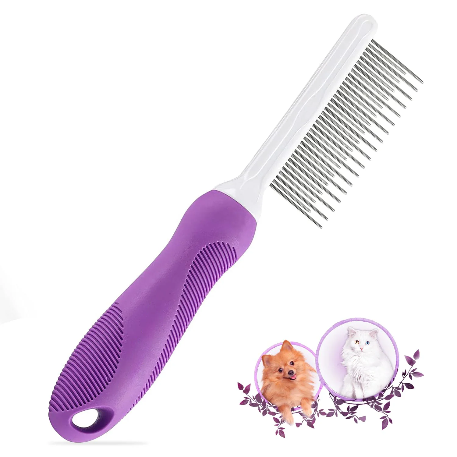Pet Opening Knot Comb Stainless Steel Floating Hair Removal Brush with Non Slip Handle for Dogs Cats Daily Grooming Care Purple