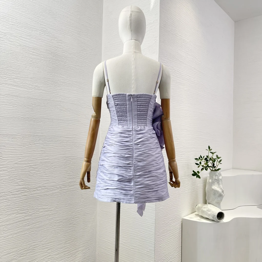 Elegant Woman Sling Mini Dress Violet Purple Backless Flowers Appliqued Folds Summer Dresses Top Quality 2024 New Arrivals