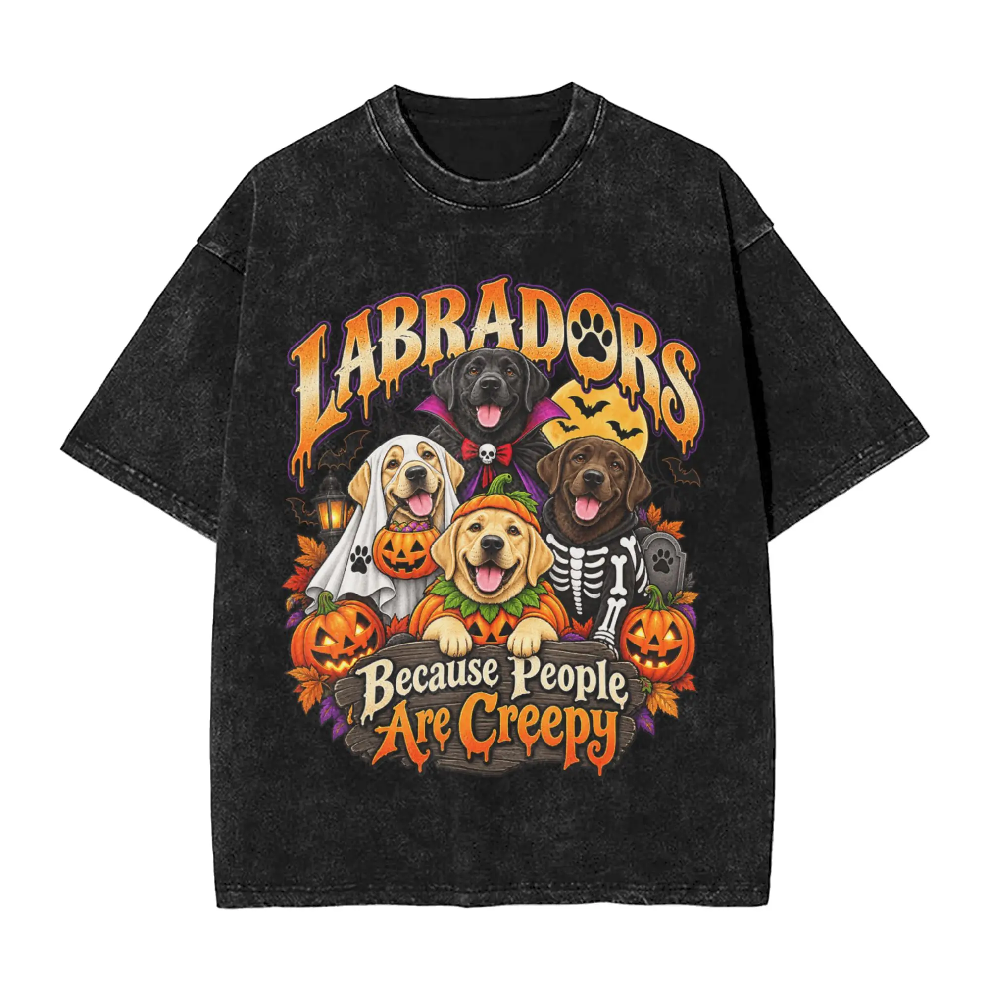 Labradors Because People are Creepy Halloween Dogs Costume Washed T Shirt Men  Streetwear Casual T-Shirts Crew Neck Hip Hop Tee