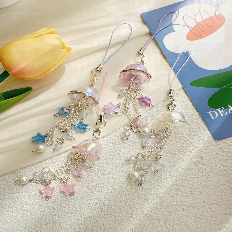 New Cute Jellyfish Wind Chime Pendant Keychain Mobile Phone Lanyard Bag Key Ring Decorative Accessories For Girls Christmas Gift