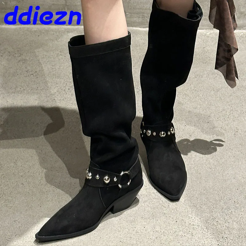 

Fashion Metal Rivet Women Knee High Boots Pointed Toe Button Ladies Modern Booties With Square Heels Shoes Female Flock Footwear