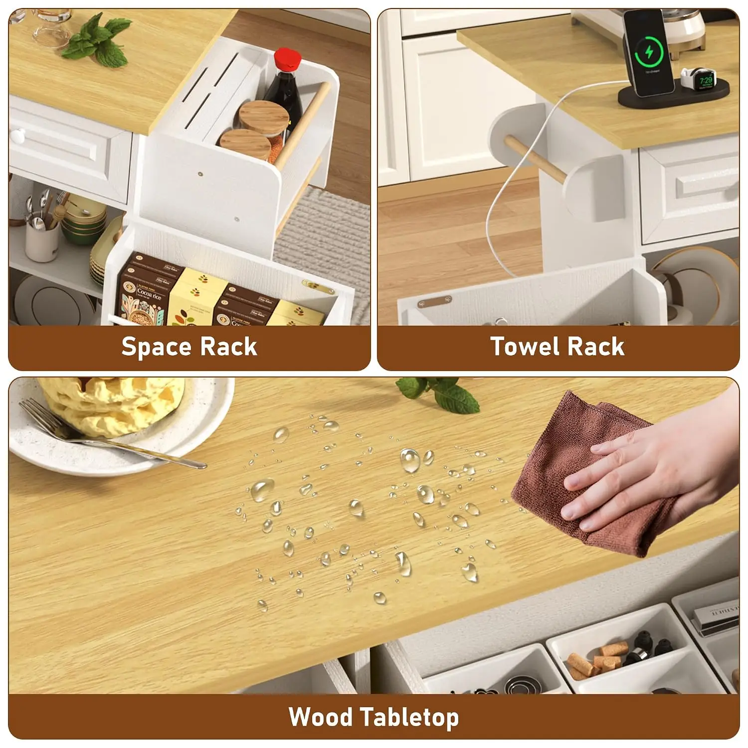 62 inch Rolling Kitchen Island Power Outlet Drop Leaf Storage Cabinet Mobile Cart Hidden Trash Spice Rack Shelves, Customized